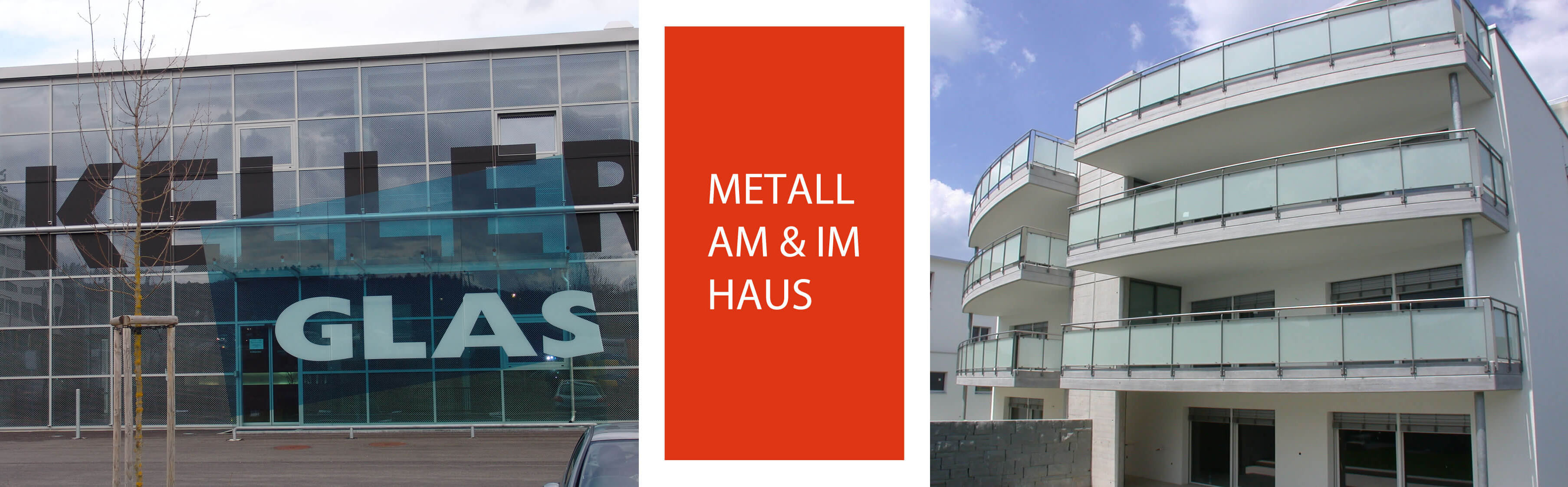 Headerbild mit zwei Bildern, die Metallbauten an Balkonen und Eingangsbereichen zeigen